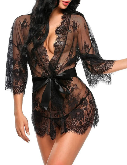 Nuisette Dentelle Transparente Col V avec String