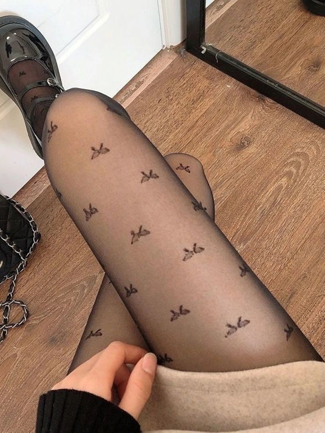 Collant Noir Motif Cœurs et Pois