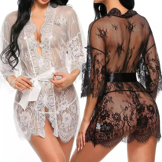 Nuisette Dentelle Transparente Col V avec String