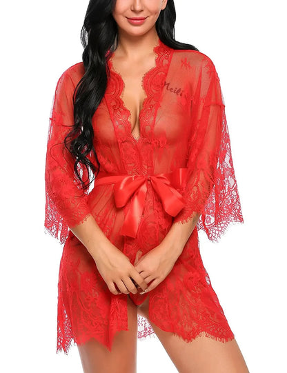 Nuisette Dentelle Transparente Col V avec String